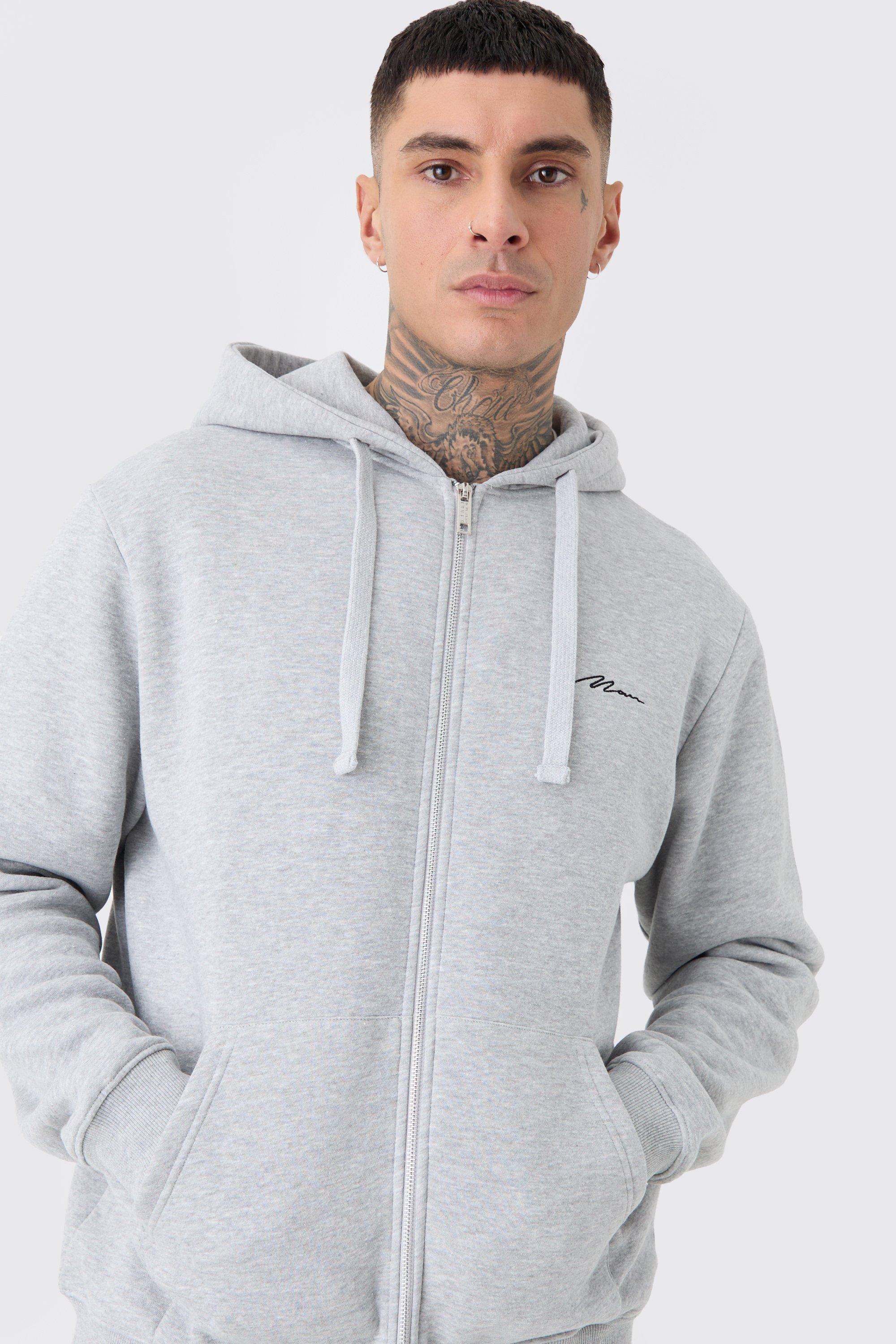 Mens Tall Basic Man Signature Zip Through Hoodie In Grey Marl, Grey